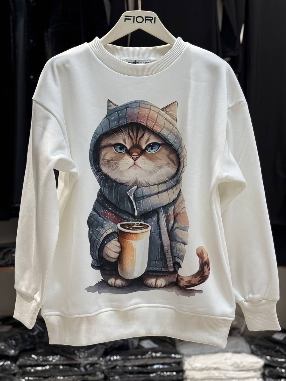 Kedi Baskılı Bisiklet Yaka 3 İplik Şardonlu Sweatshirt