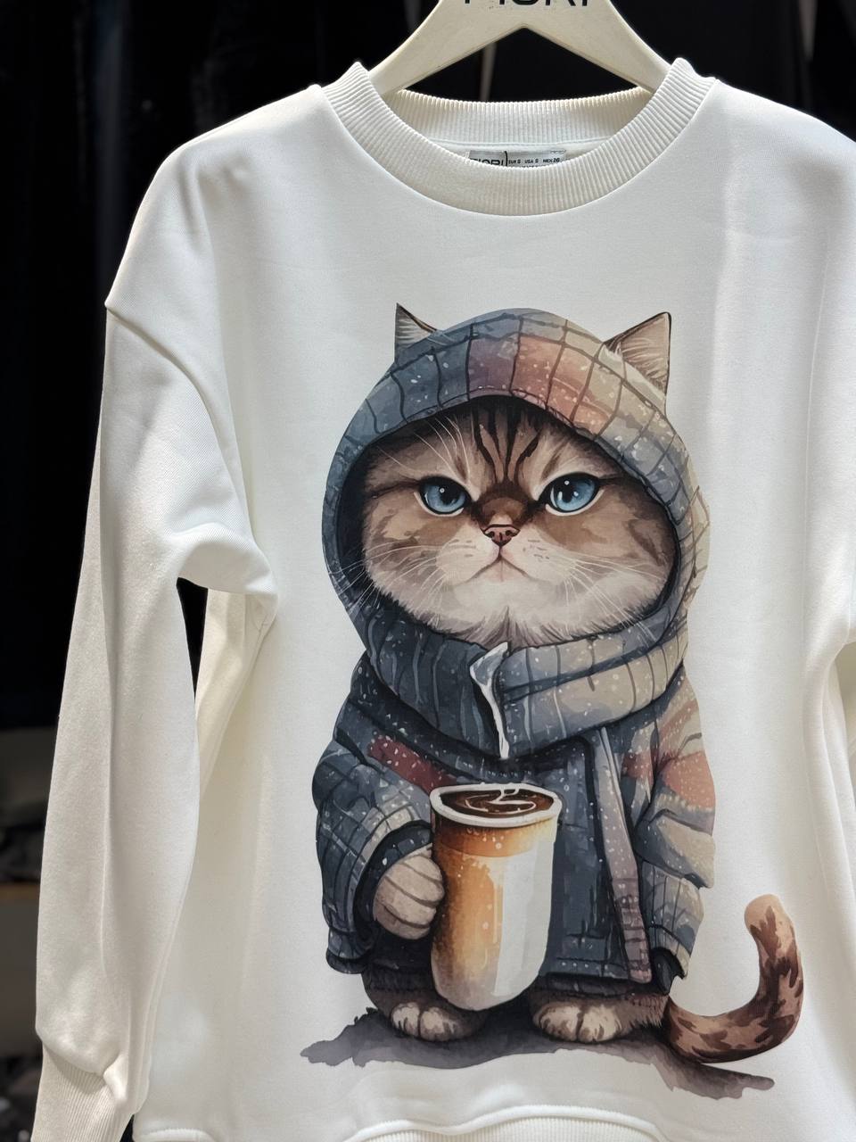 Kedi Baskılı Bisiklet Yaka 3 İplik Şardonlu Sweatshirt