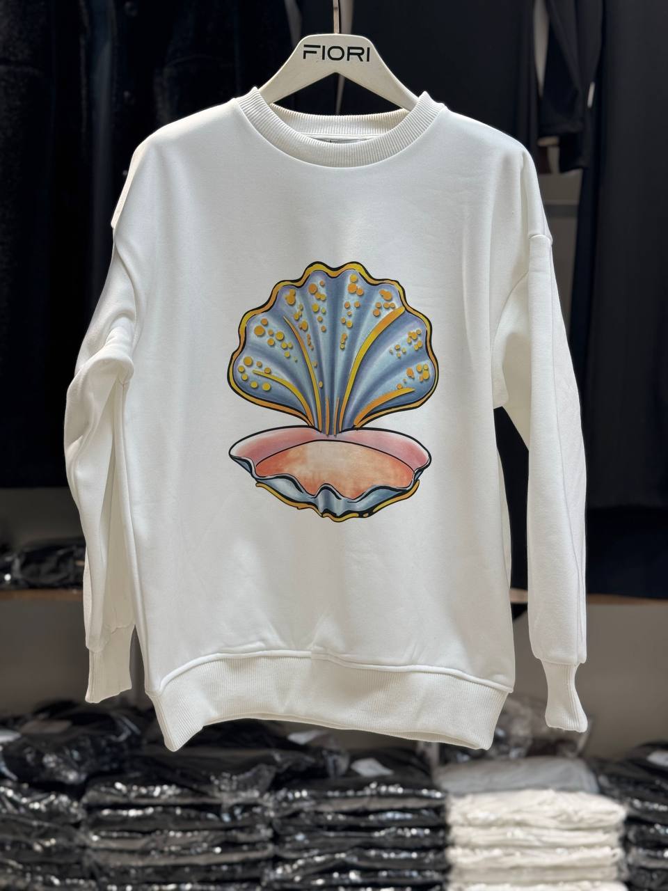 İstiridye Baskılı Bisiklet Yaka 3 İplik Şardonlu Sweatshirt