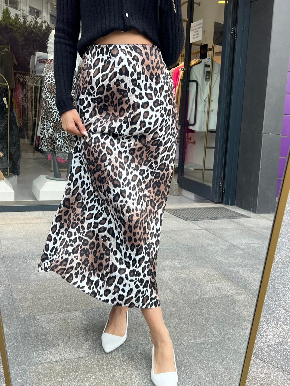 Leopar Desen Floş Saten Etek