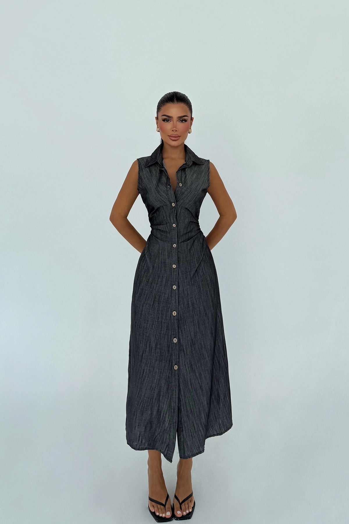 Antrasit Lyza Uzun Düğmeli Elbise XS