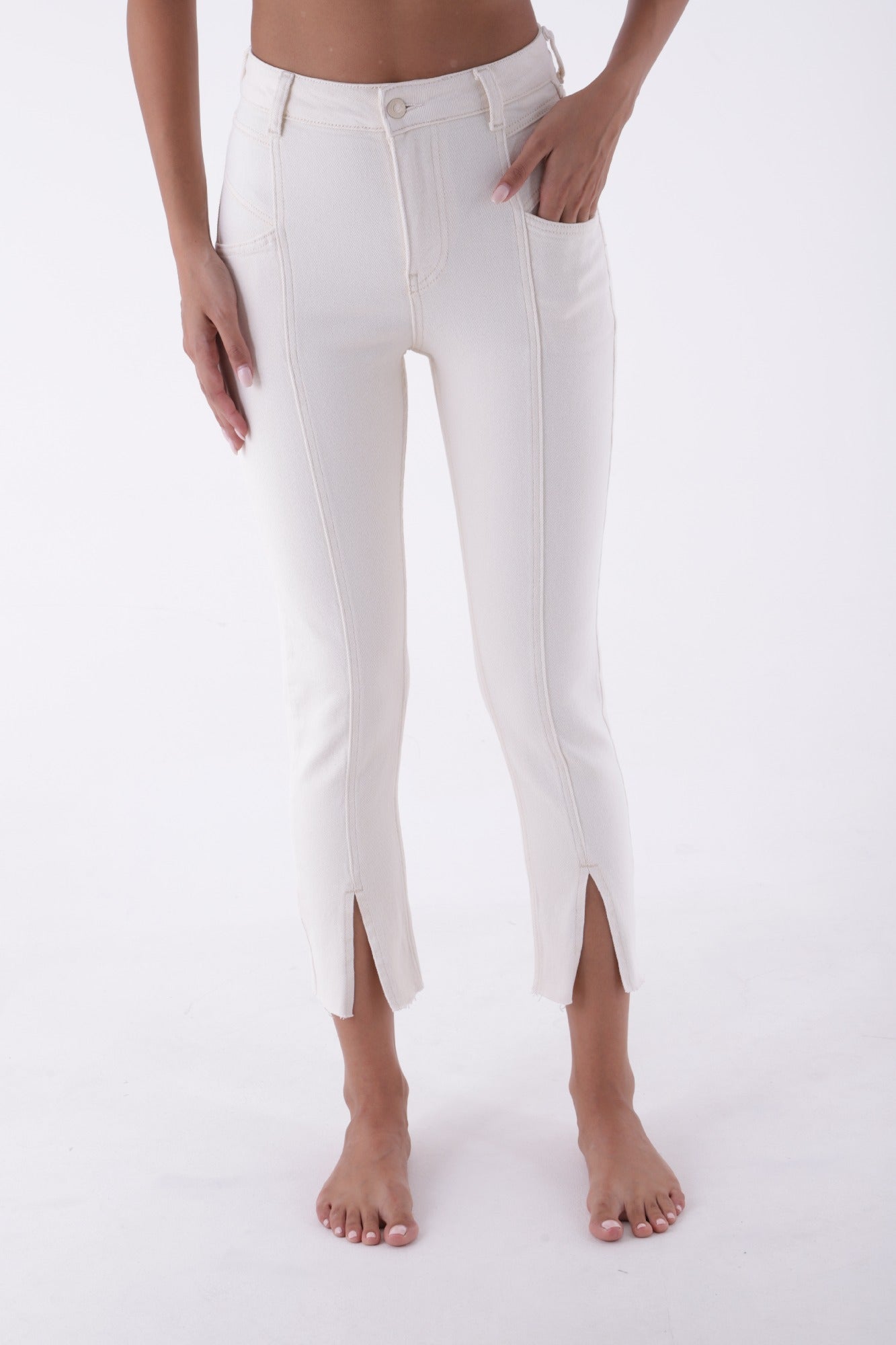 Parçalı Önü Yırtmaçlı Dikişsiz Paça Pantolon - Naturel - (27-32) - 2