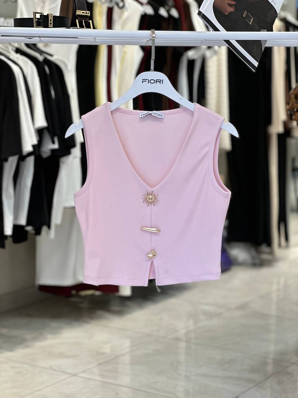 Crop Top Pembe Seksi V Yaka Ve Japone Kol