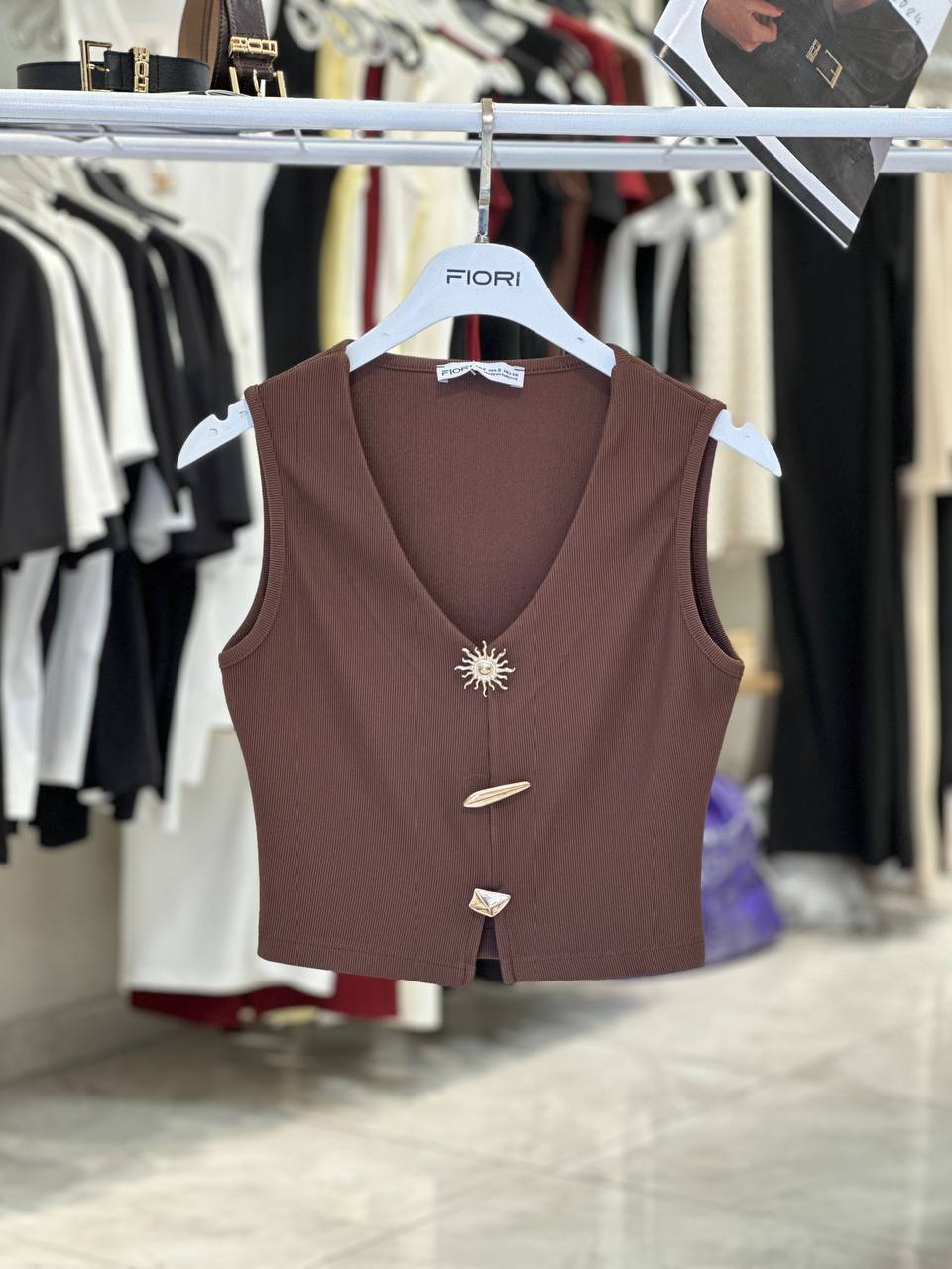 Kahverengi Crop Top V Yaka Ve Japone Kol