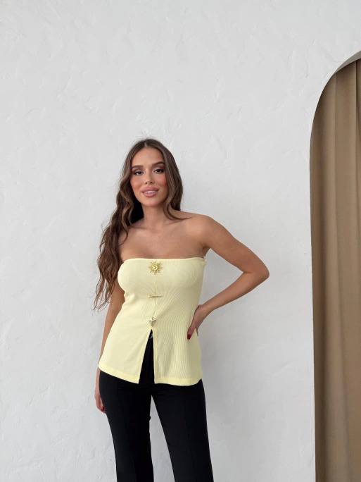 Sarı Seksi Straplez Ekstra Dar Kalıp Crop Top Japone Kol