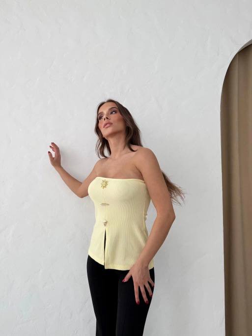 Sarı Seksi Straplez Ekstra Dar Kalıp Crop Top Japone Kol