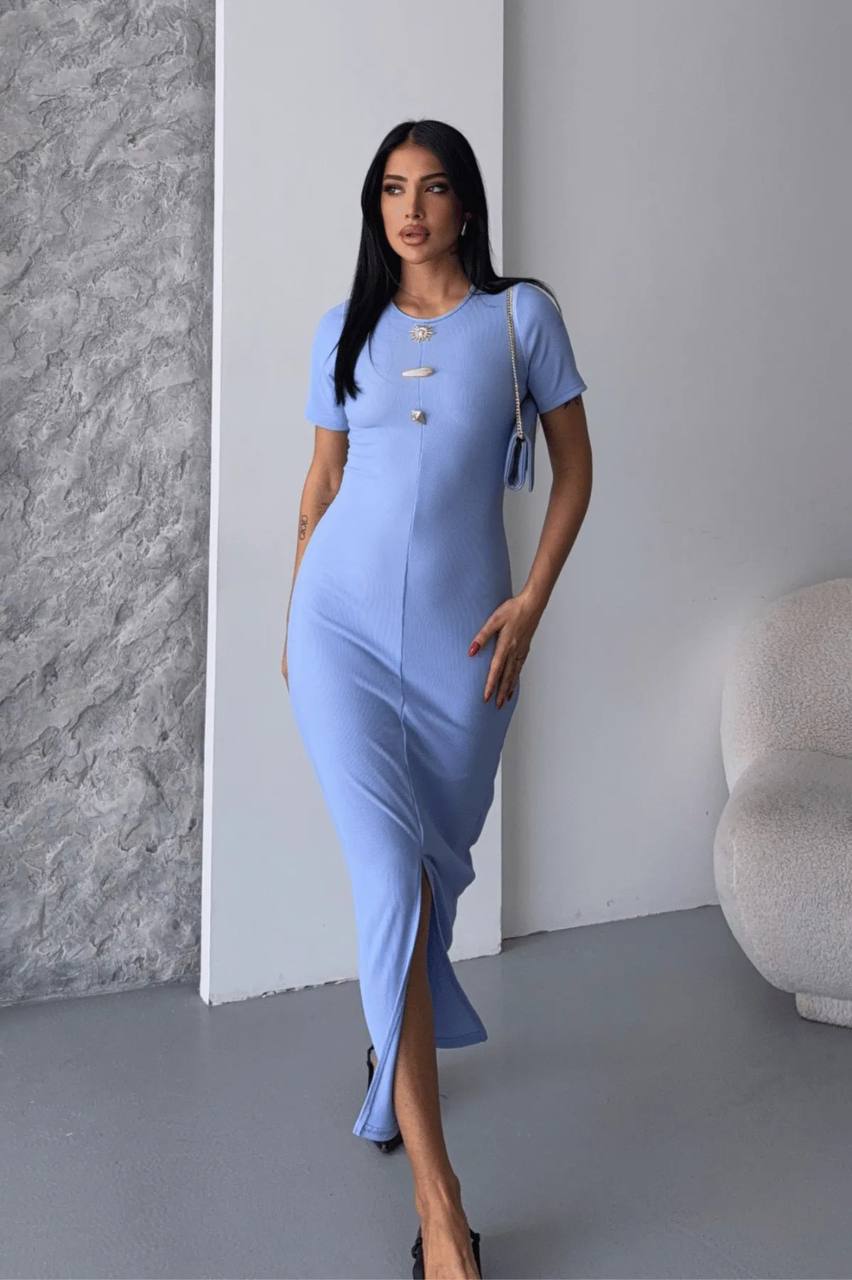 Mavi Zarif Bodycon Elbise Kısa Kollu