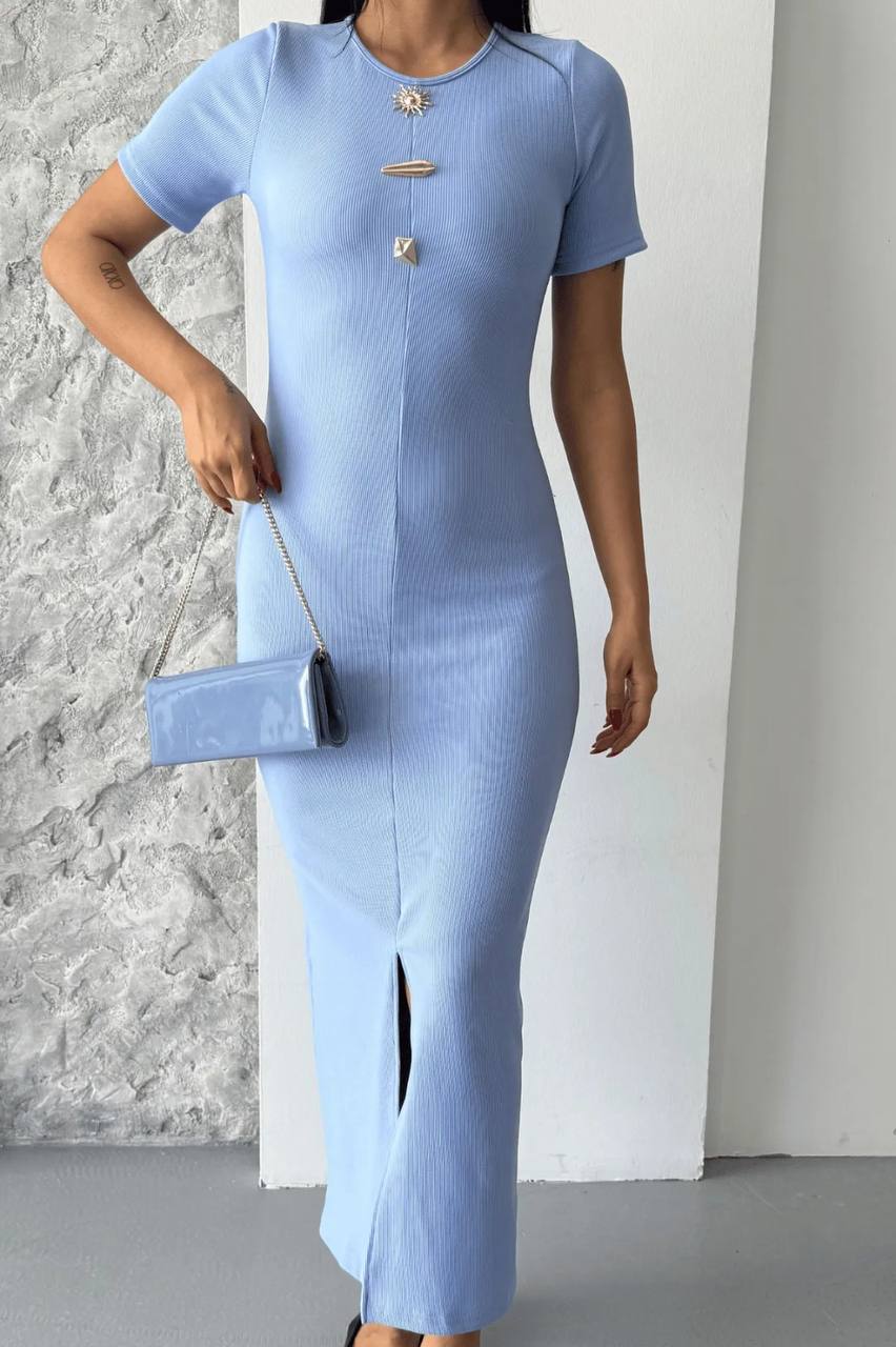 Mavi Zarif Bodycon Elbise Kısa Kollu