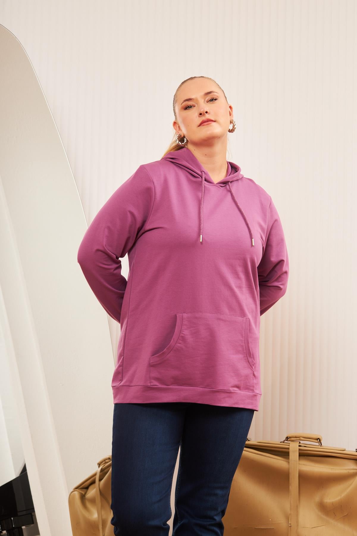 Kapşonlu Büyük Beden Mürdüm Sweatshirt