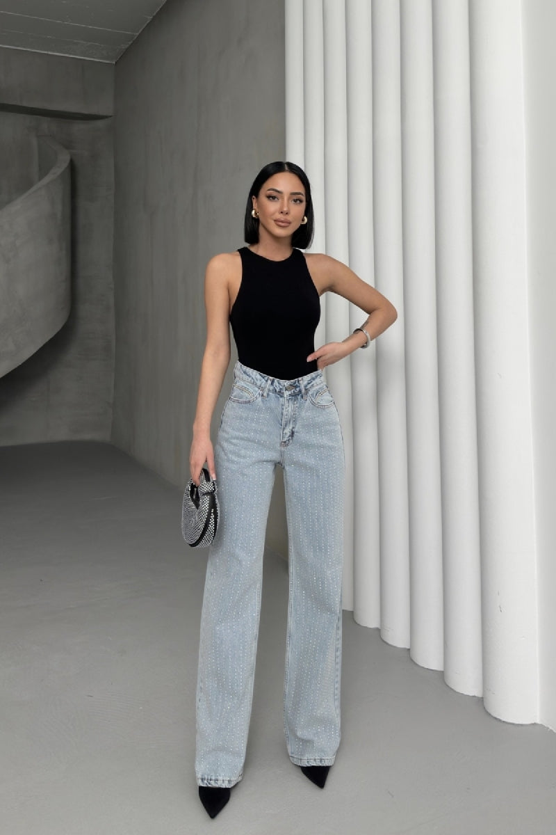 Taşlı Gizli Arka Cep Detaylı Palazzo Jean - Kar Yıkama Açık Mavi - (27-32) - 2