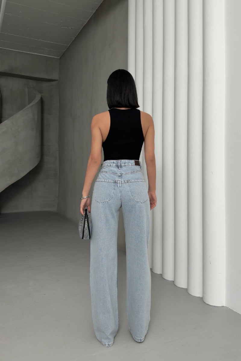 Taşlı Gizli Arka Cep Detaylı Palazzo Jean - Kar Yıkama Açık Mavi - (27-32) - 4