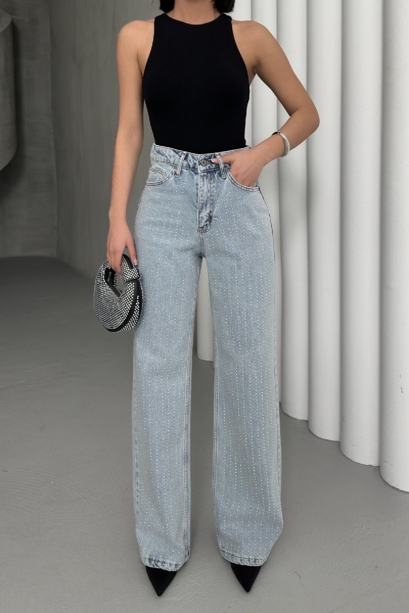 Taşlı Gizli Arka Cep Detaylı Palazzo Jean Kar Yıkama Açık Mavi