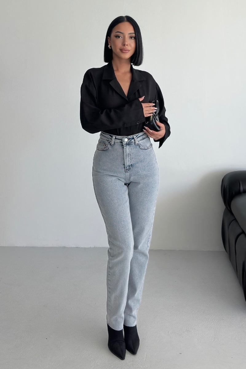 Mom Fit Kot Pantolon Kar Yıkama Açık Mavi