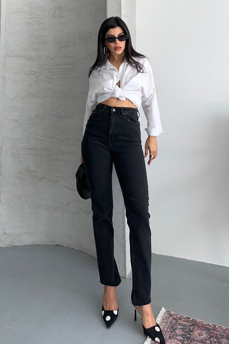 Mom Fit Kot Pantolon - Düz Antrasit - (27-32) - 2