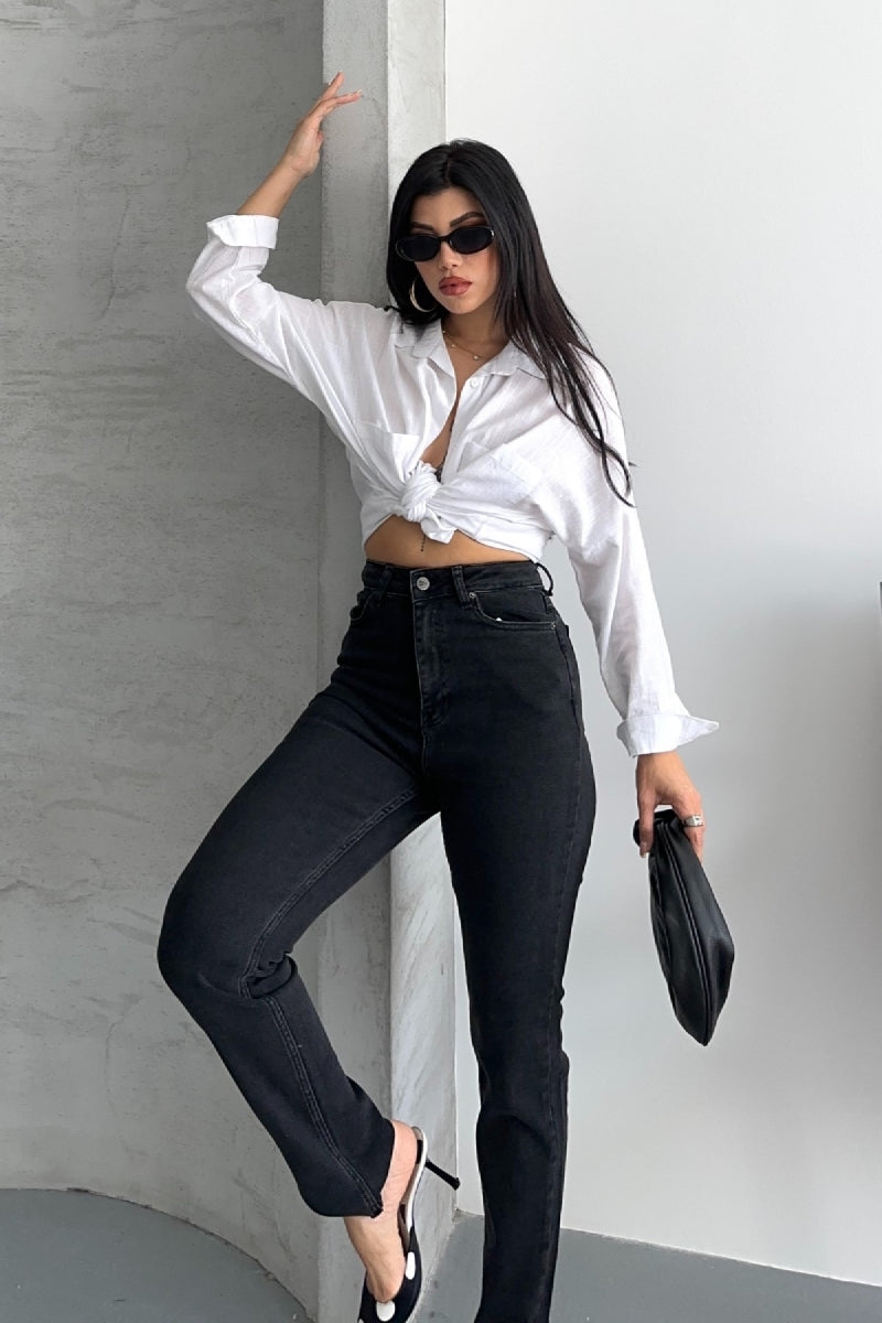 Mom Fit Kot Pantolon Düz Antrasit