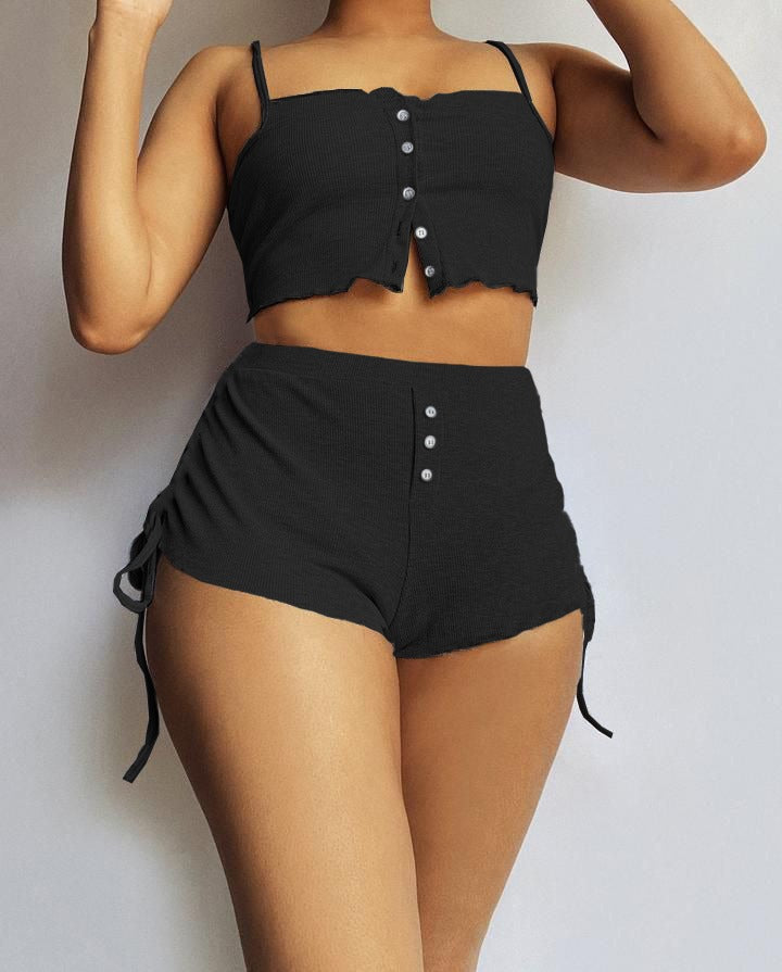 Kadın Ip Askılı Crop Bluz Ve Yanlardan Büzgülü Ikili Kaşkorse Short Takım, 17812