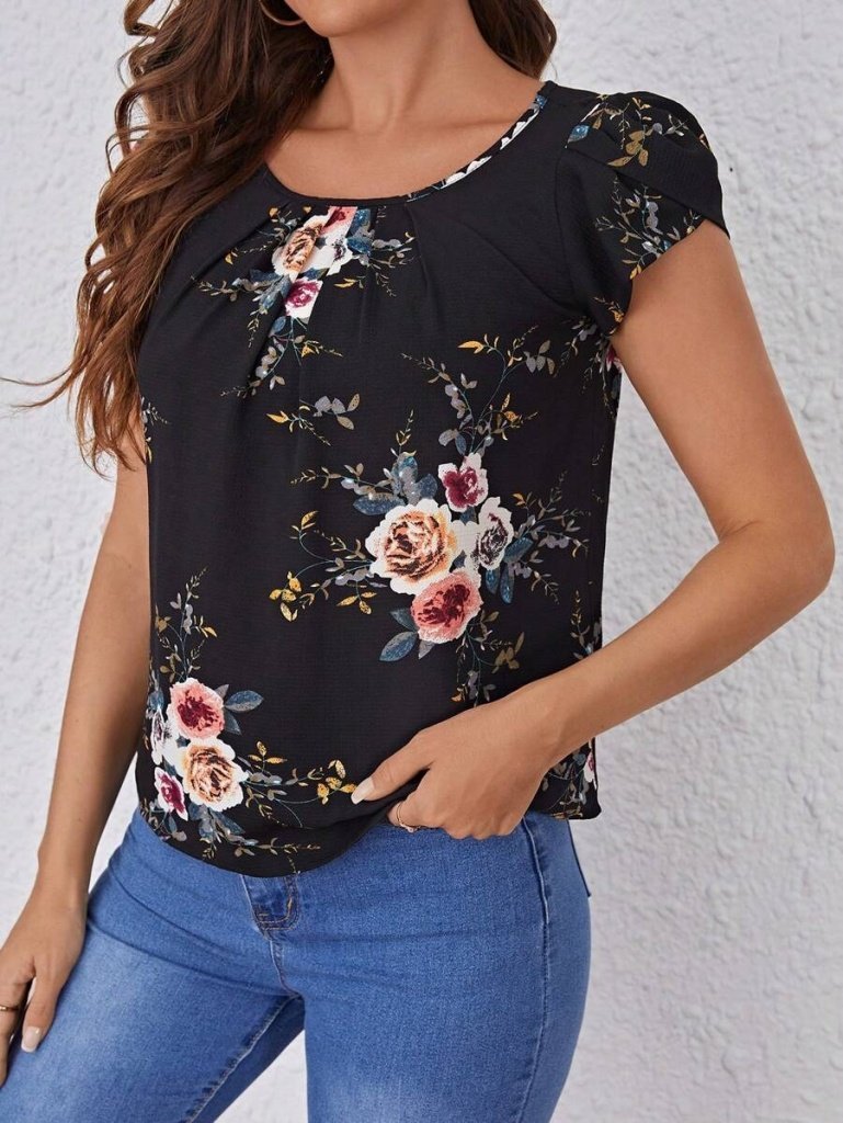 Women's Short-Sleeved Crew Neck Floral Print Supra Blouse, 26659