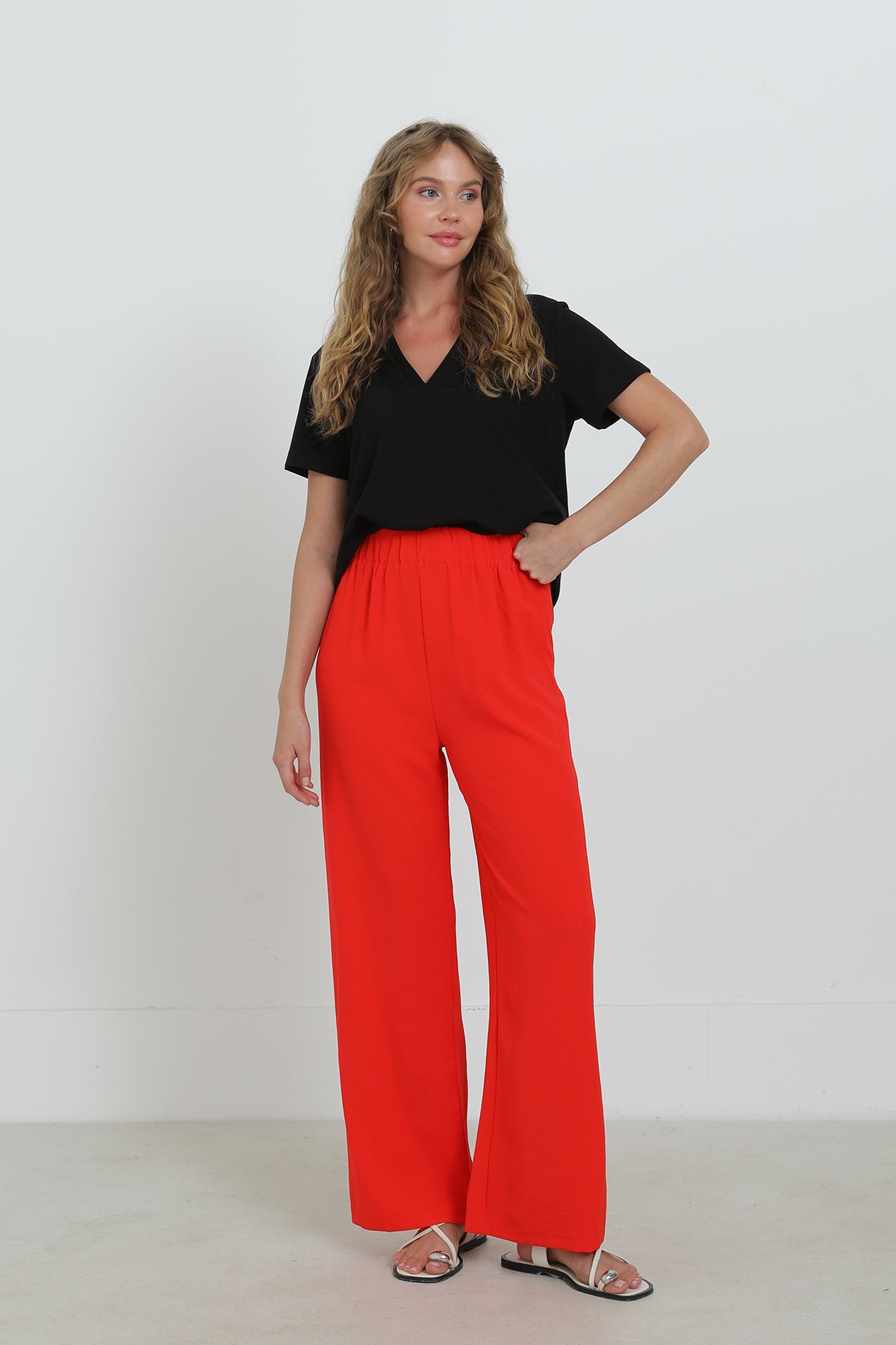 Kadın Geniş Paça Yüksek Bel Pantolon - 18103PNT - CORAL
