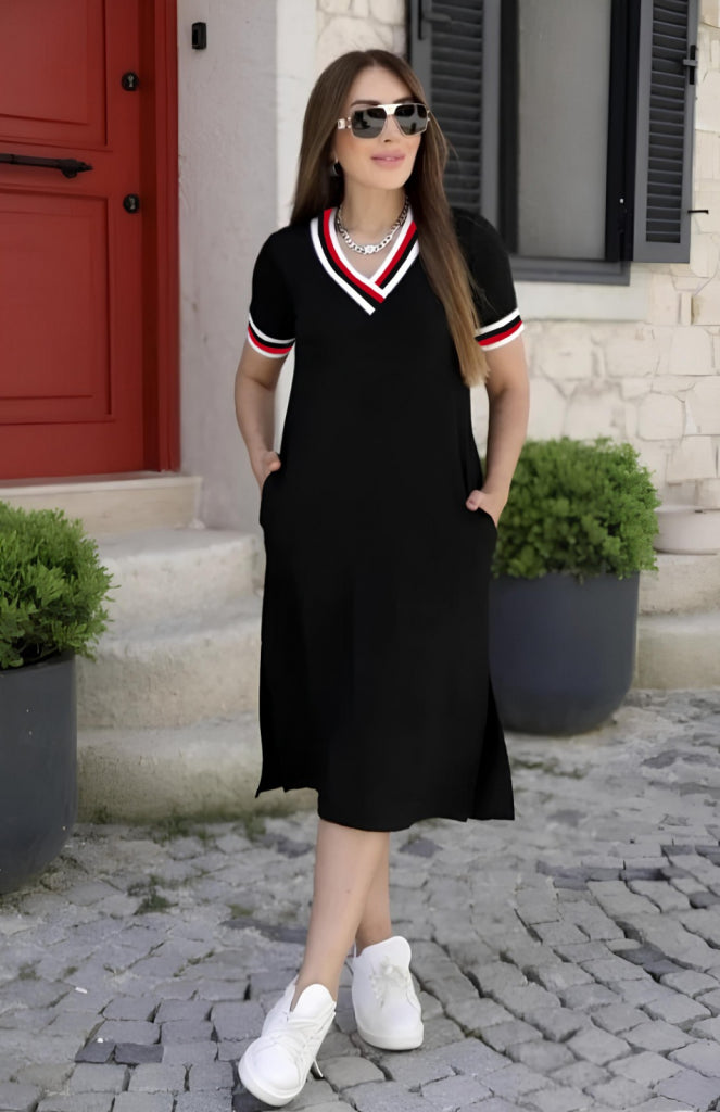 Women's Short Sleeve V-Neck Ribbed Detail Midi Viscose Dress, 32838