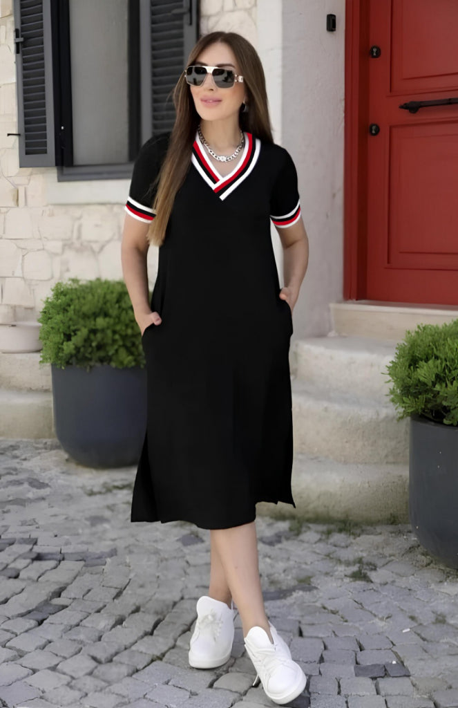 Women's Short Sleeve V-Neck Ribbed Detail Midi Viscose Dress, 32838