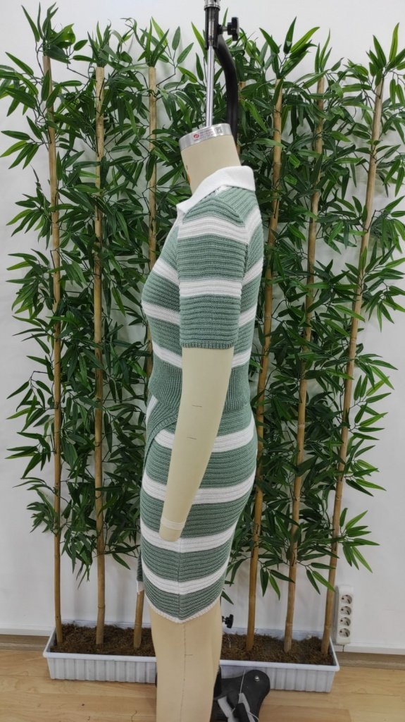 Kadın Kısa Kollu Polo Yaka Crop Asimetrik Mini Triko Etek Ikili Takım , 36340
