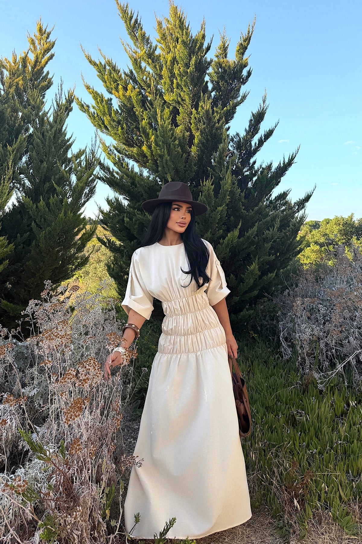 Bej Volant Uzun Elbise XS