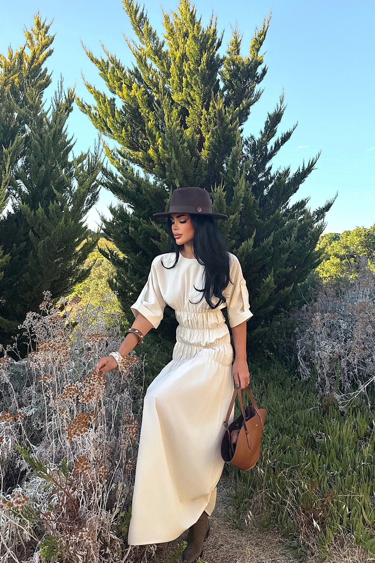 Bej Volant Uzun Elbise