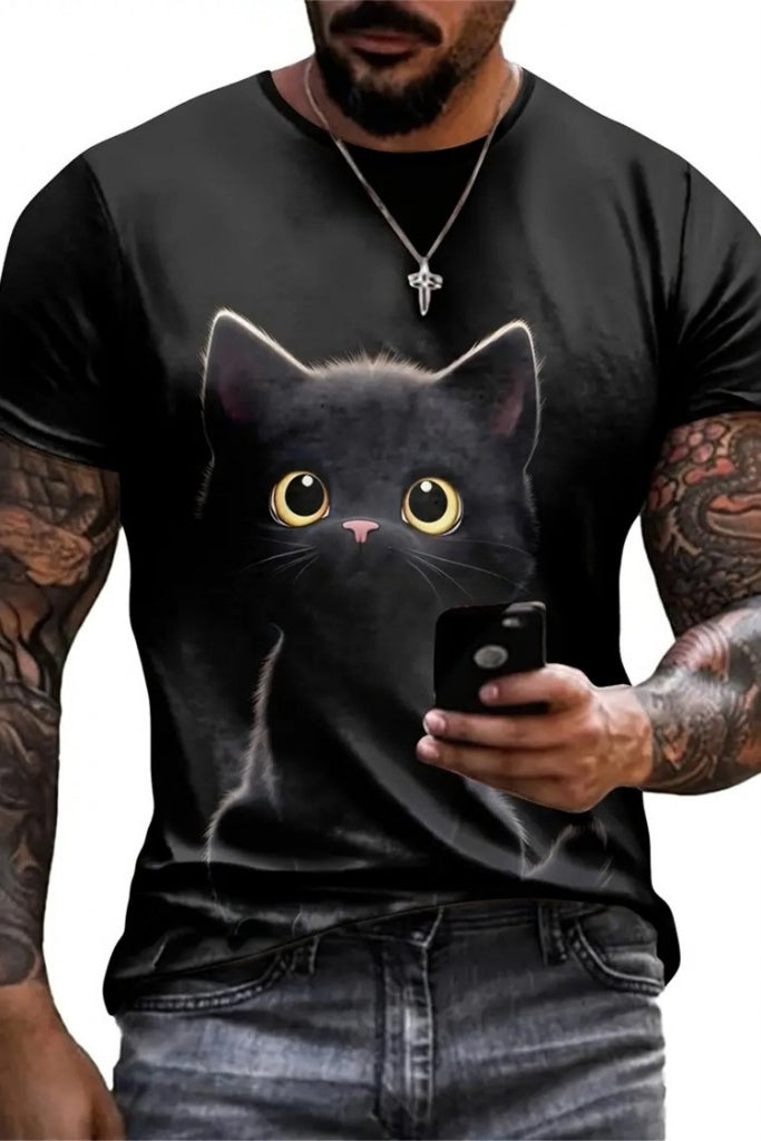 Erkek Bisiklet Yaka Kedi Baskılı Süprem T-shirt , 18566