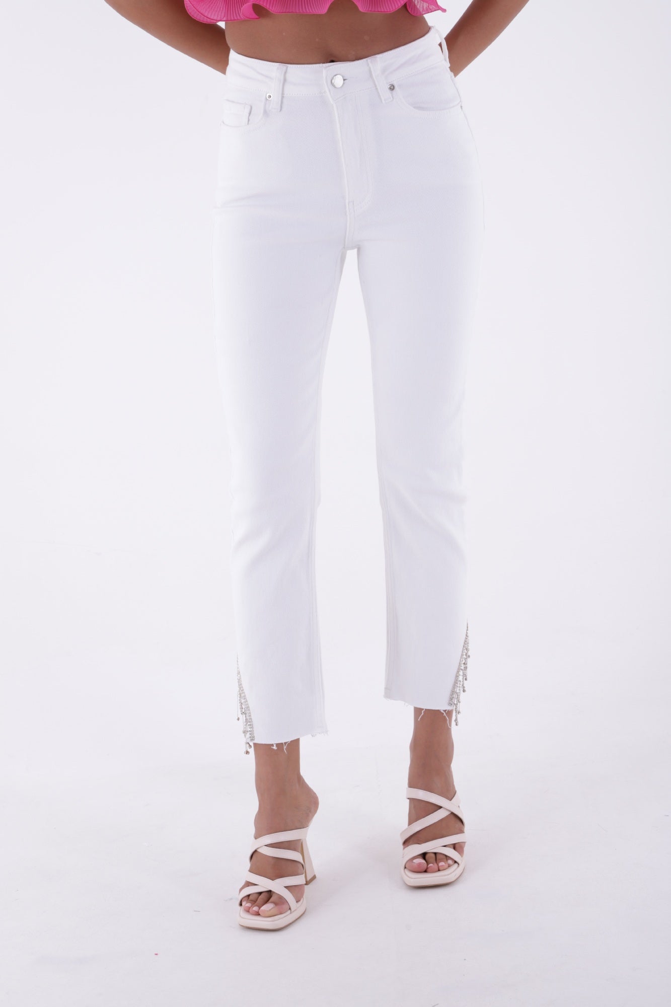 Taşlı Asimetrik Paça Pantolon - Beyaz - (26-31) - 2