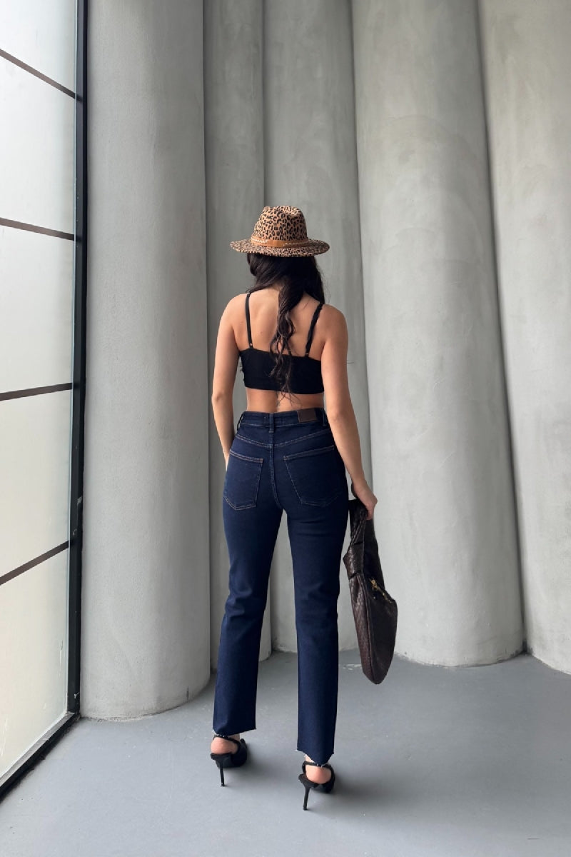 Mom Fit Kot Pantolon - Slaplı Lacivert - (26-31) - 3