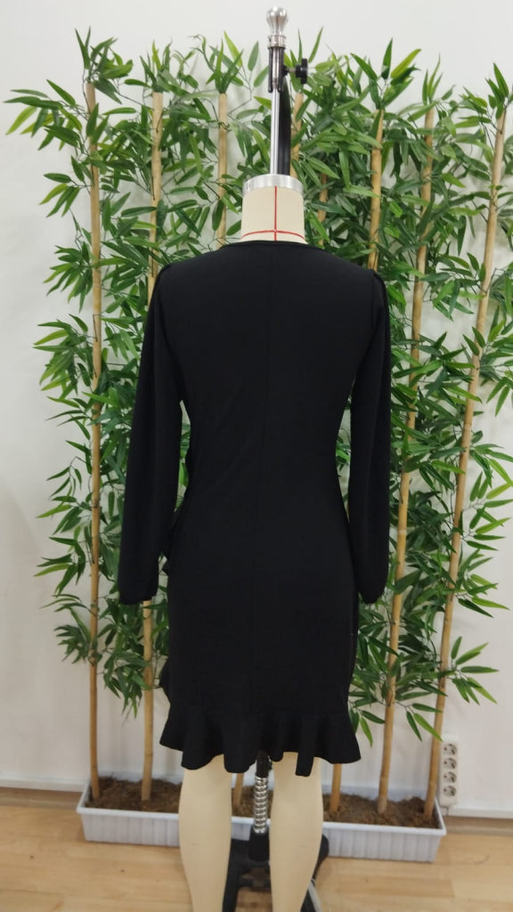 Women's Long Sleeve Crew Neck Ruffled Front Imported Crepe Dress, 31641
