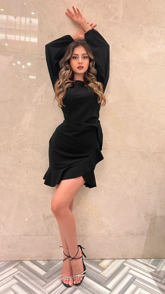 Women's Long Sleeve Crew Neck Ruffled Front Imported Crepe Dress, 31641