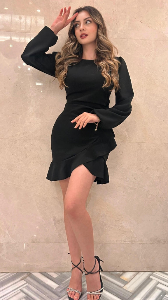 Women's Long Sleeve Crew Neck Ruffled Front Imported Crepe Dress, 31641