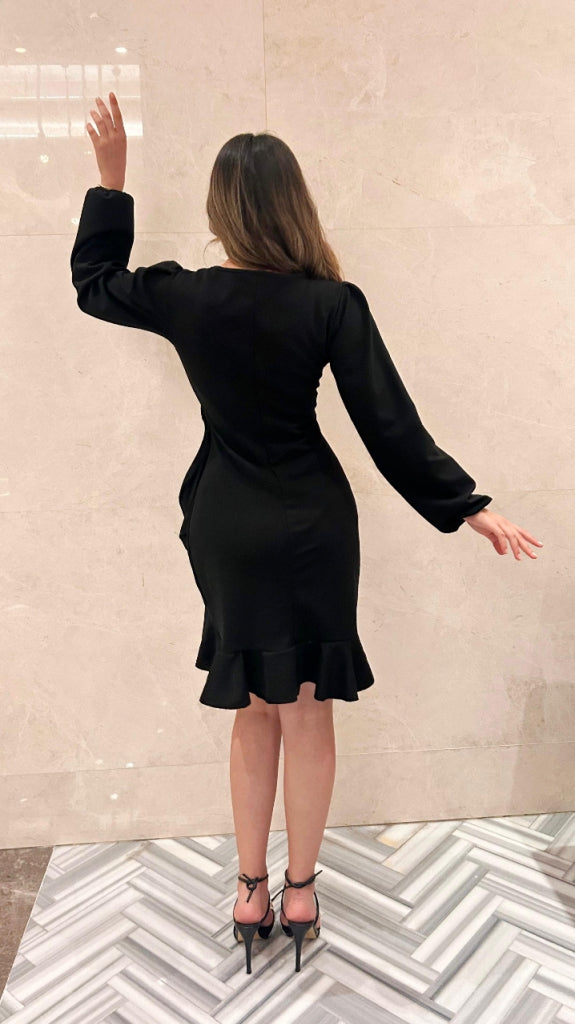 Women's Long Sleeve Crew Neck Ruffled Front Imported Crepe Dress, 31641