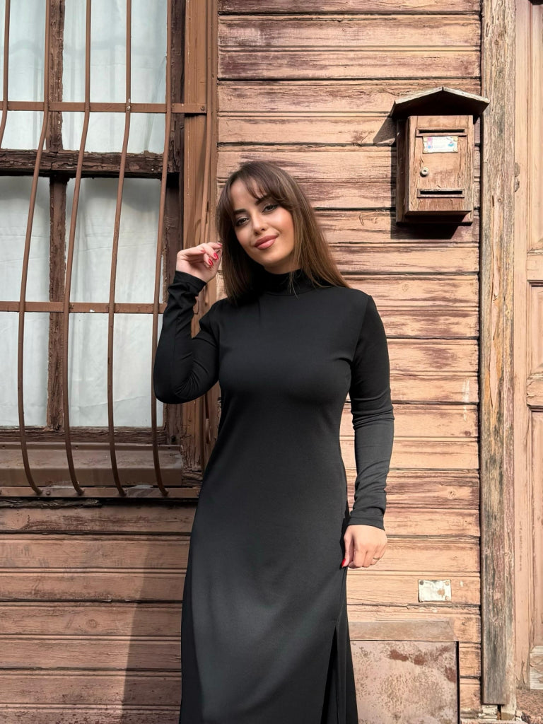 Kadın Uzun Kollu Balıkçı Yaka Derin Yırtmaç Detay Krep Elbise, 32165