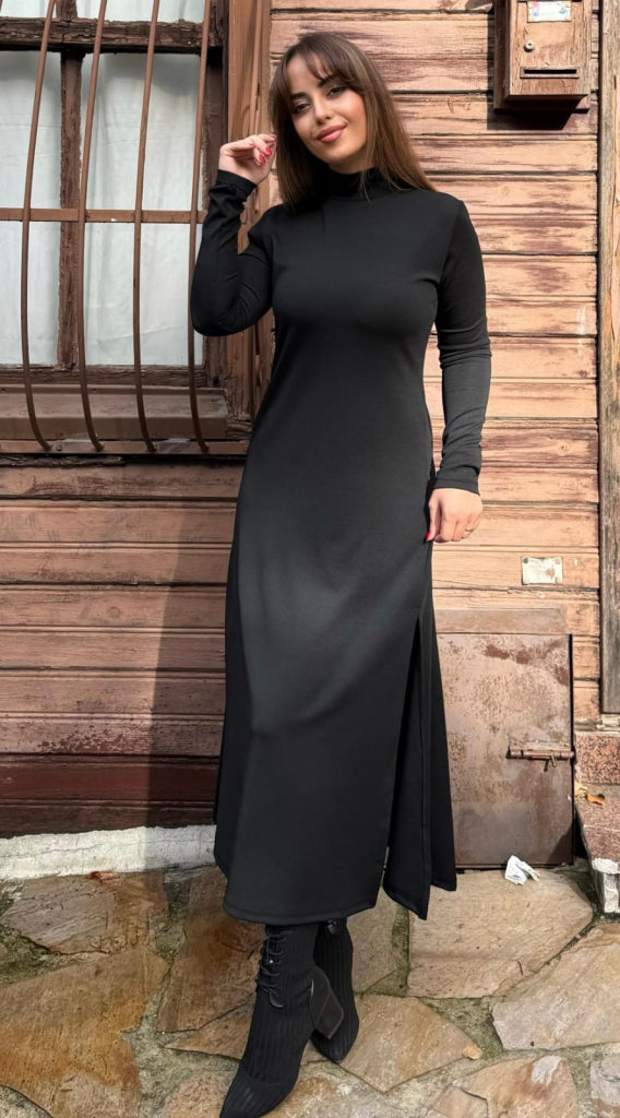 Kadın Uzun Kollu Balıkçı Yaka Derin Yırtmaç Detay Krep Elbise, 32165