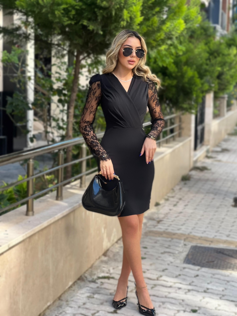 Kadın Uzun Kollu Kruvaze Yaka Kollar Tül Detay Krep Mini Boy Elbise, 29948
