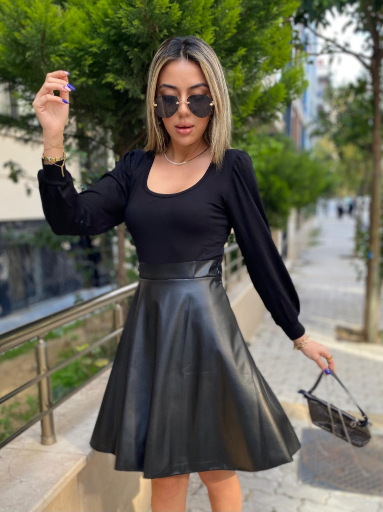 Kadın Uzun Kollu Kare Yaka üst Viskon Alt Deri Mini Elbise , 32931