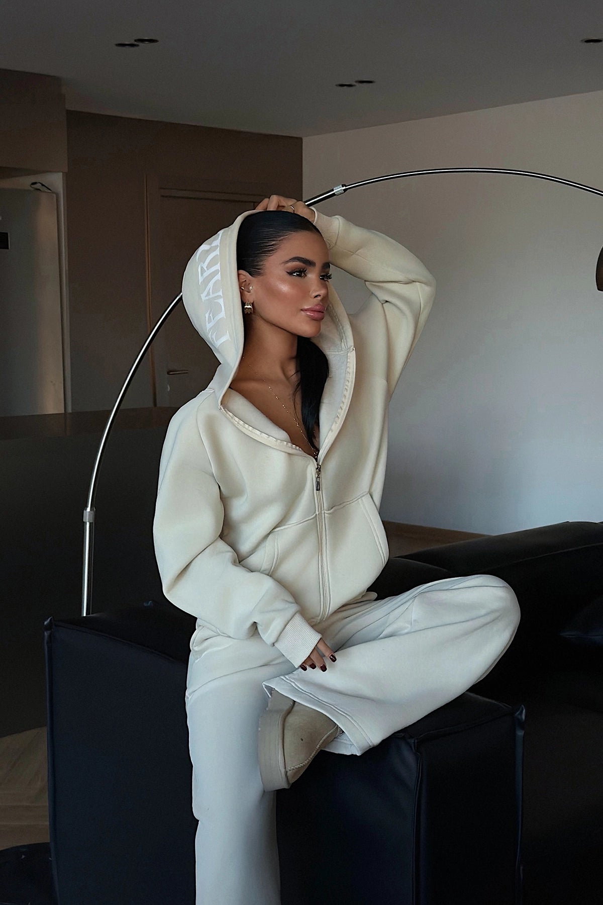 Krem Fermuarlı Eşofman Takım