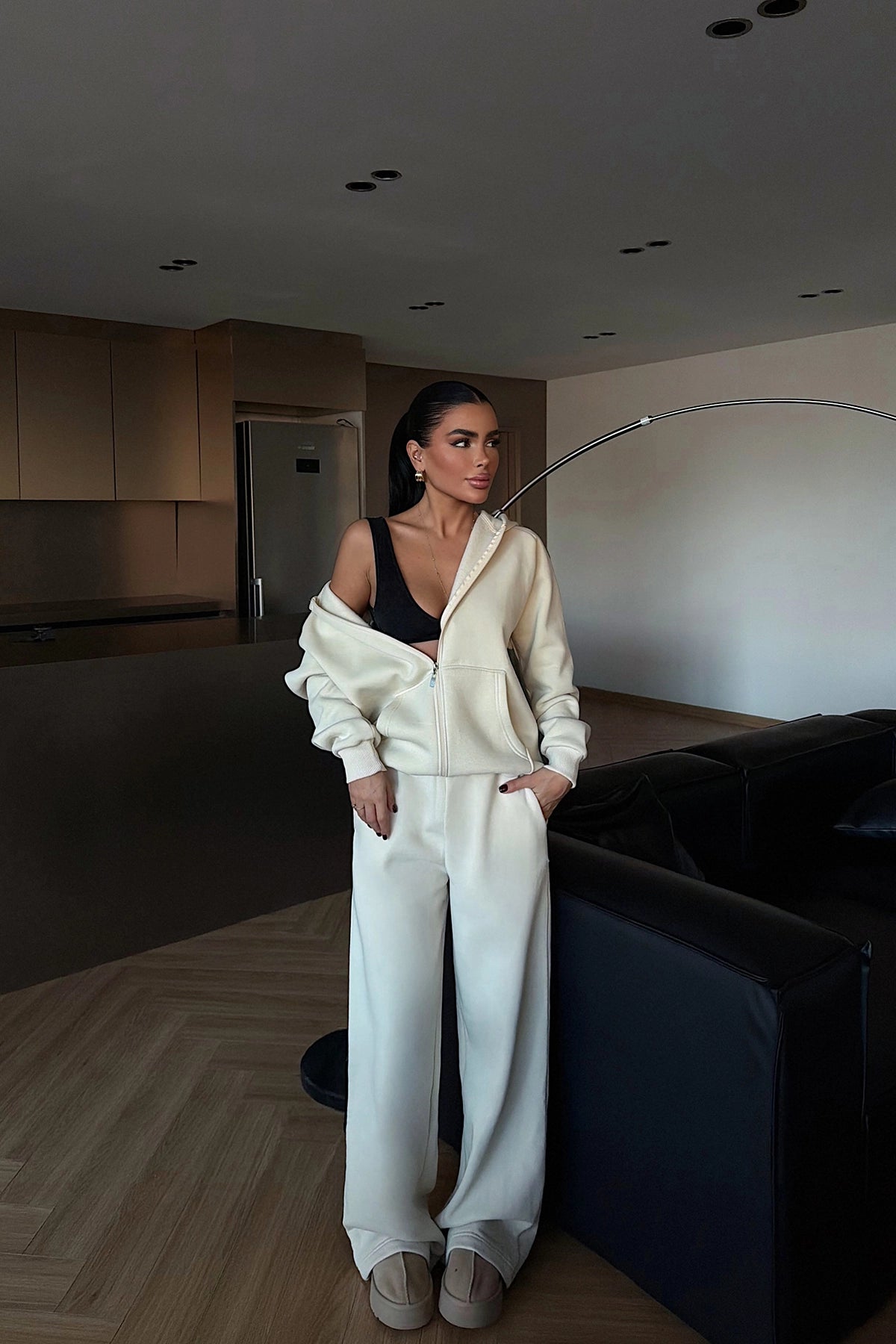 Krem Fermuarlı Eşofman Takım