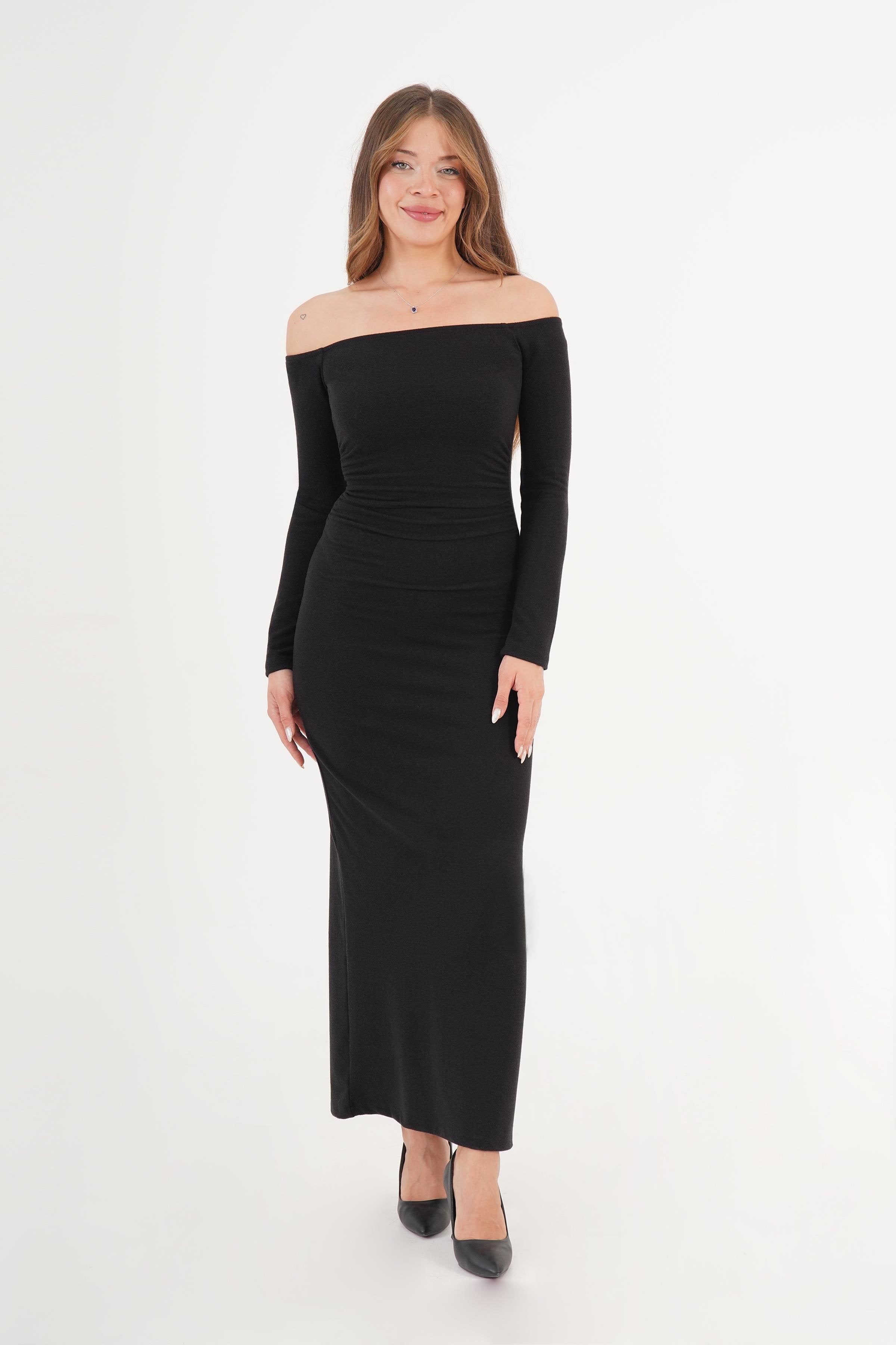 Beli Büzgü Detaylı Siyah Toptan Elbise