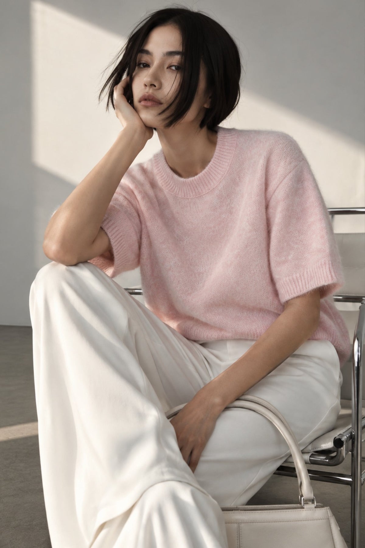 Bisiklet Yaka Oversize Dokulu Bluz - Pembe