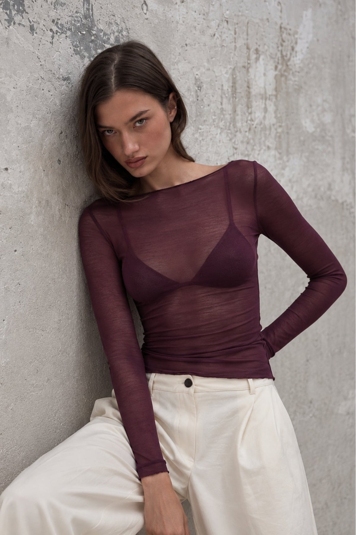 Kayık Yaka Transparan Bluz - Bordo
