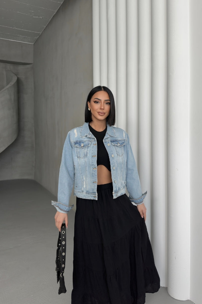 Kısa Kot Ceket 641 Orta Mavi Kar Yıkama Tintli