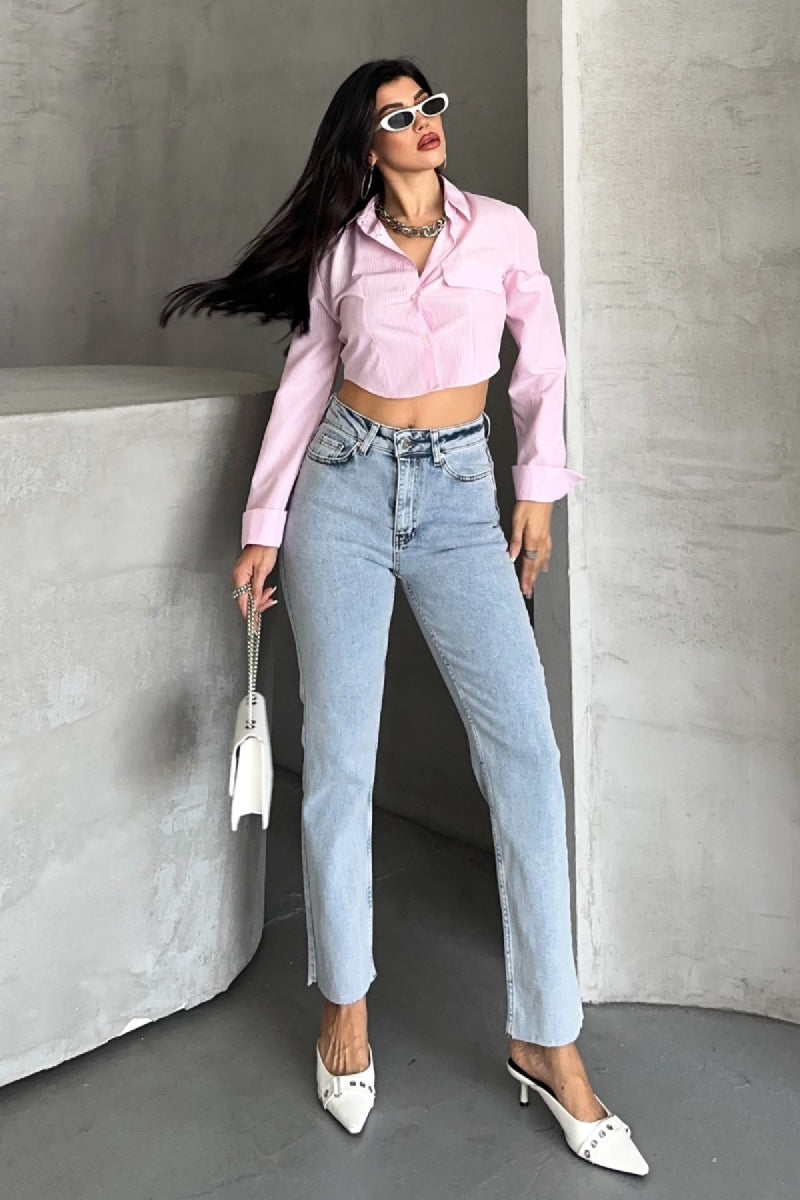 Mom Fit Kot Pantolon 7064 Kar Yıkama Açık Mavi