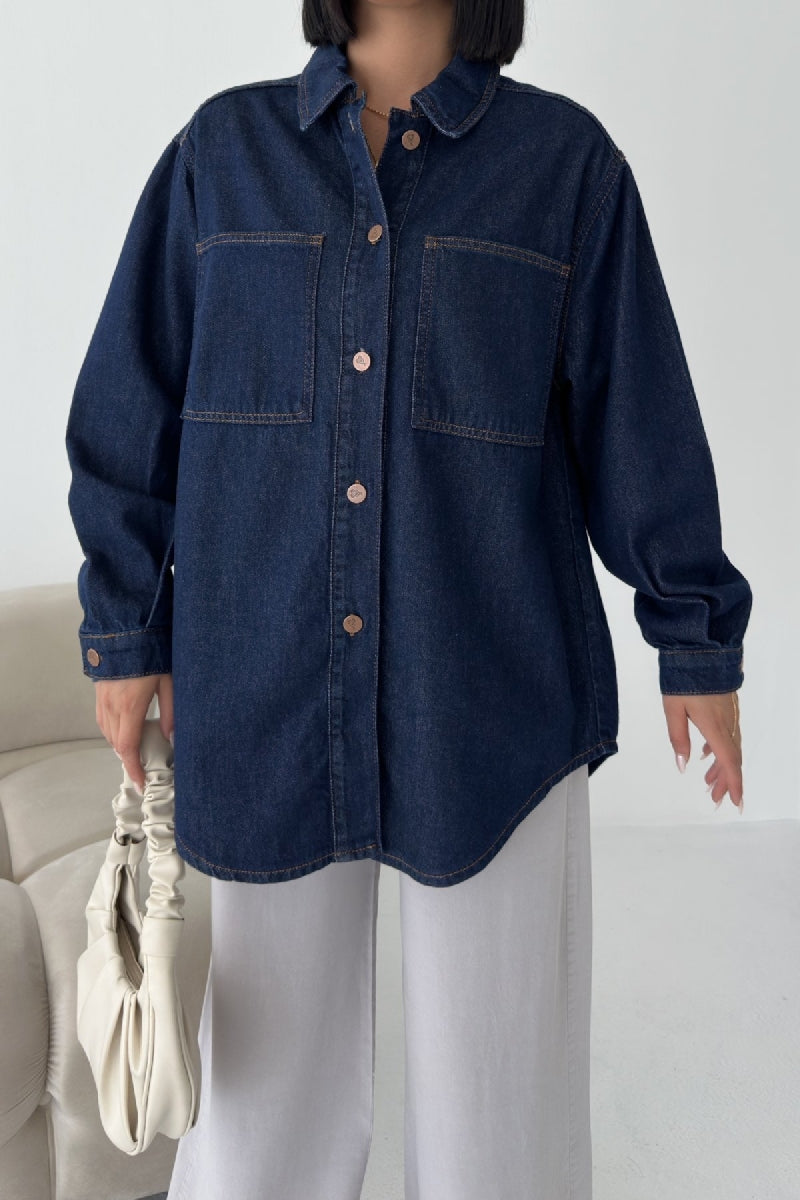 Düğmeli Oversize Kot Gömlek 6080