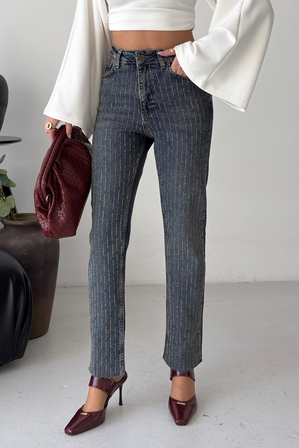 Taşlı Mom Fit Kot Pantolon 7218