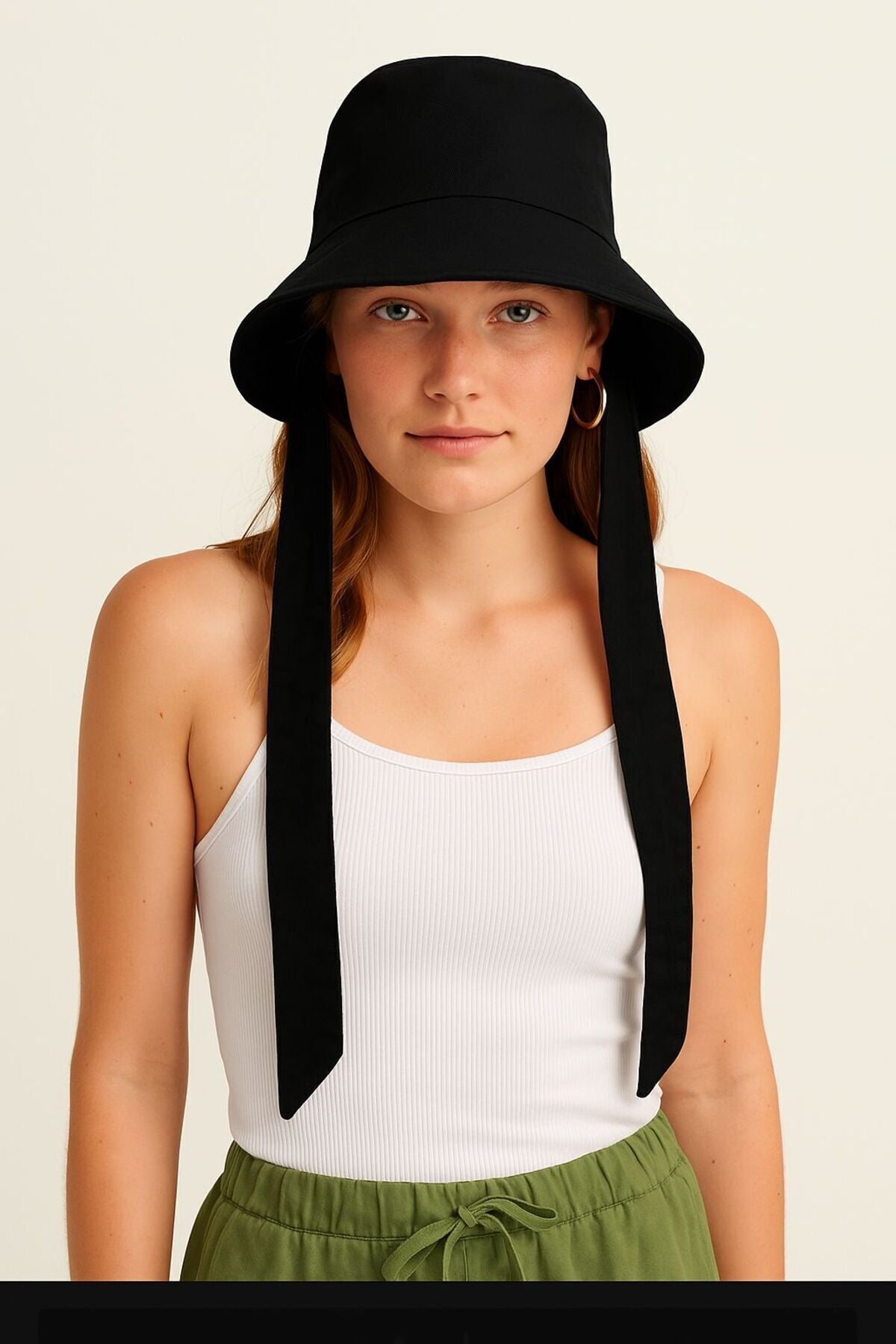Siyah Bağlama Detaylı Bucket Şapka Spk09-1