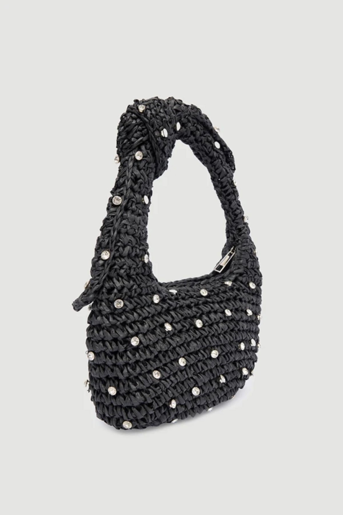 Taş Detaylı El Örgüsü Siyah Hasır Çanta 18x24 Cm CNT1048