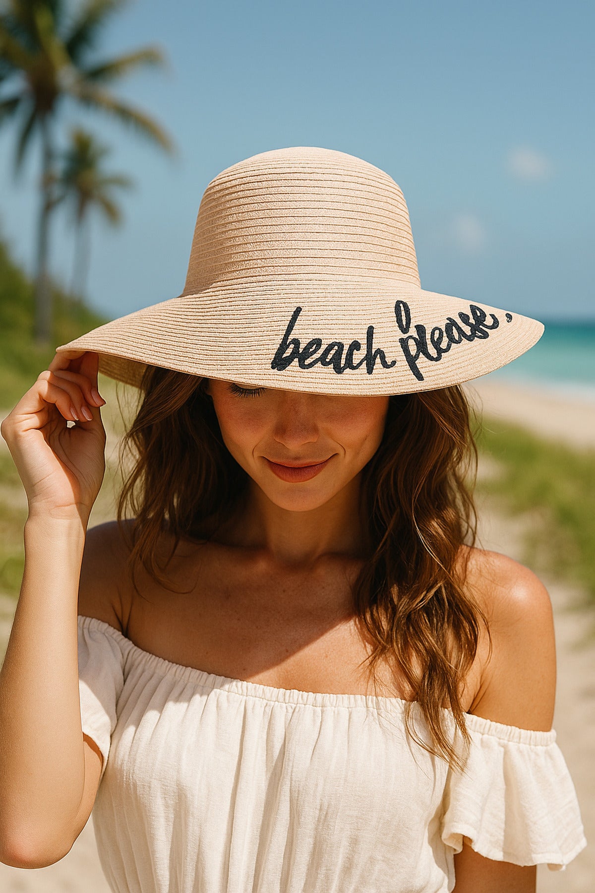 Beach Please Nakışlı Bej Hasır Şapka Hsr2029